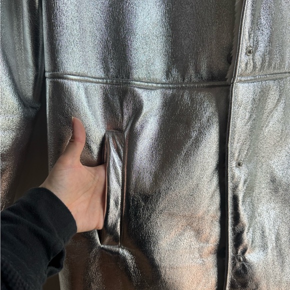 Y2K Silver Faux Shearling Long Coat Metallic Spacecore Teddy Jacket S Winter - Picture 8 of 9